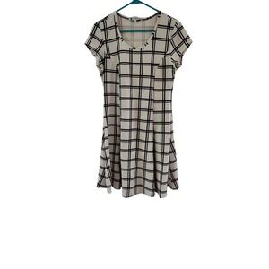 Wilde Womens Black White Grid Skater Dress Short‎ Sleeve Waffle Knit Plaid Large